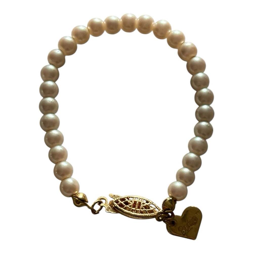 Barbie Faux Pearl Bracelet Gold Tone Fish Hook Clasp 6" long